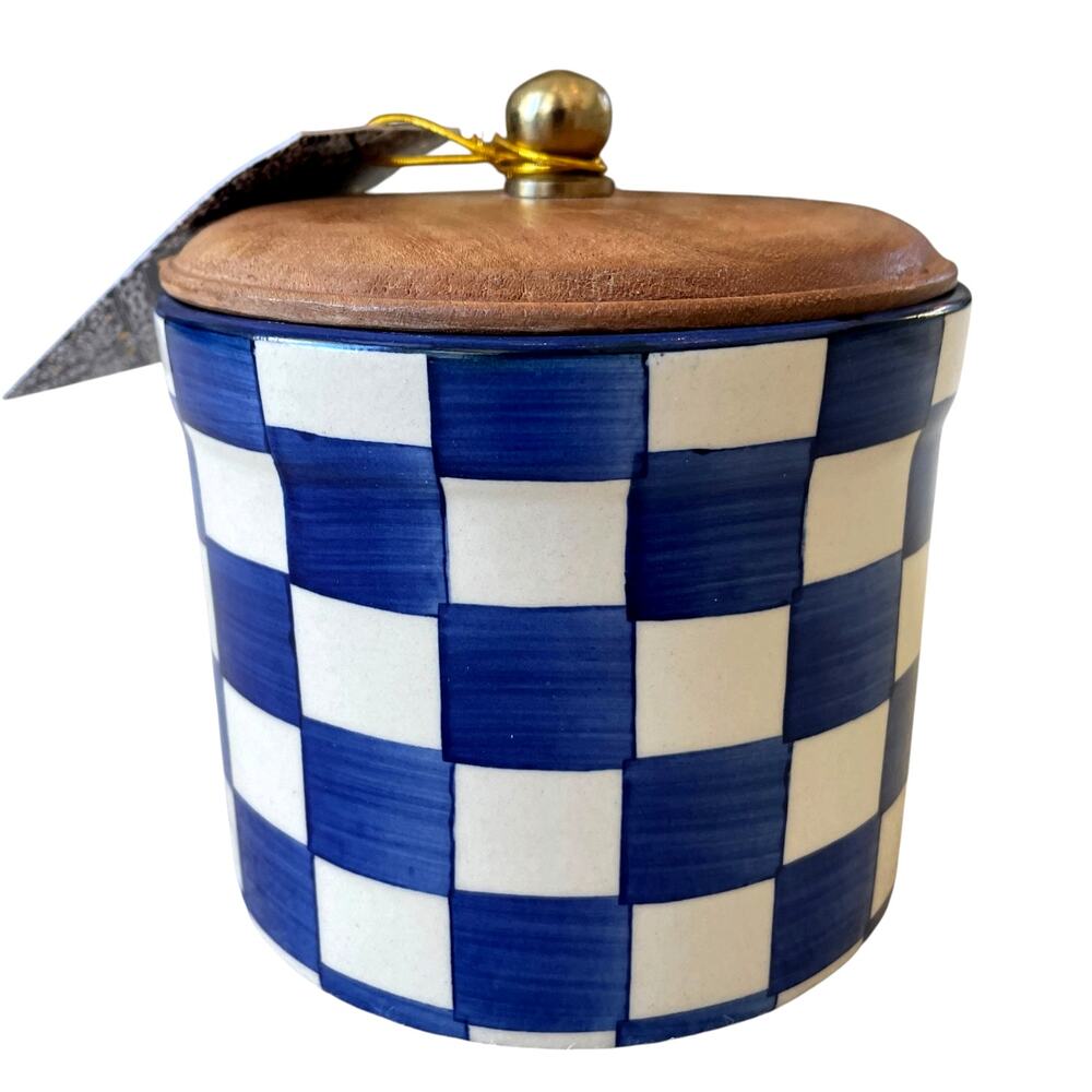 Hand Painted Blue & White Striped Ceramic Canister w/ Wood Lid Made in India